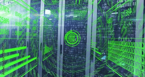 Binary code streaming through glass-front racks initiating reticle pulsing, charts updating metrics