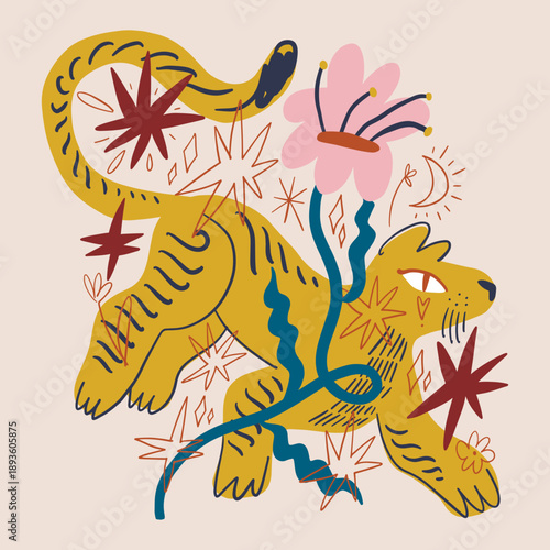 Funny modern Valentine or anniversary abstract bohemian doodle cartoonish childish adorable hand-drawn wild cat tiger and flower. Floral cat toyger garden or jungle scene. Cute hand-sketched kids