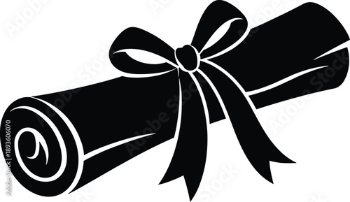 Minimal vector silhouette of a rolled diploma scroll tied with a ribbon bow, solid black, bold clean shapes, smooth curves, flat design, centered composition, isolated on a white background.