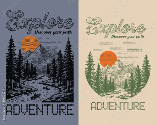 Aventure Mountain t-shirt design, autumn winter print design. explore discover slogan. mountain artwork. mountain outdoors graphics.