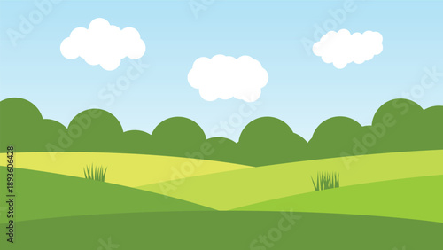 nature landscape cartoon scene. green hills with white fluffy cloud and blue sky