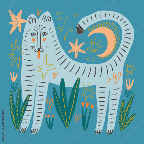Doodle boho single isolated floral Valentine and anniversary tiger or toyger cat in funky contemporary abstract collage in modern memphis style. Stripes and stars. Vector illustration EPS clip-art for