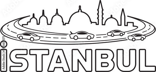 Istanbul turkey city skyline with abstract road and cars travel vector illustration outline