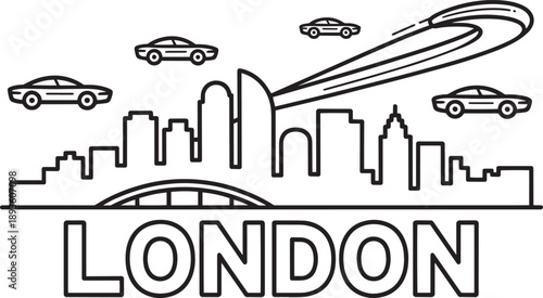 London city skyline with flying cars and futuristic transportation concept line drawing