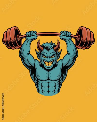 Strong muscular blue devil character lifting heavy barbell weight above head in gym fitness workout illustration for bodybuilding apparel design sports motivation and beast mode energy mascot