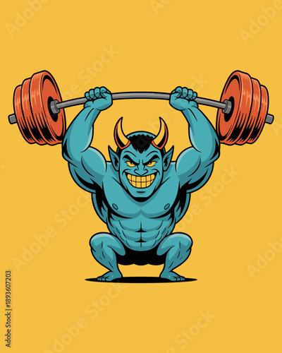 Strong muscular blue devil character lifting heavy barbell overhead for bodybuilding fitness gym mascot illustration powerful demon monster workout concept for sports apparel and supplements