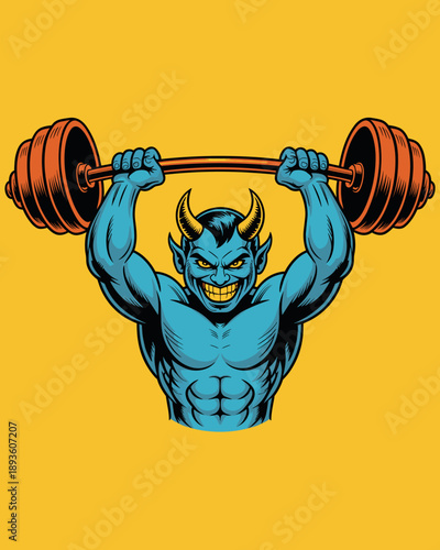 Strong blue devil lifting heavy barbell over head during intense gym workout session as mascot character illustration for fitness centers bodybuilding brands and extreme sports marketing projects