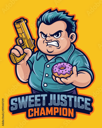 Angry cartoon man holding golden gun and purple donut mascot illustration for gaming logo and sweet justice champion concept art with vibrant colors on yellow background for social media stickers