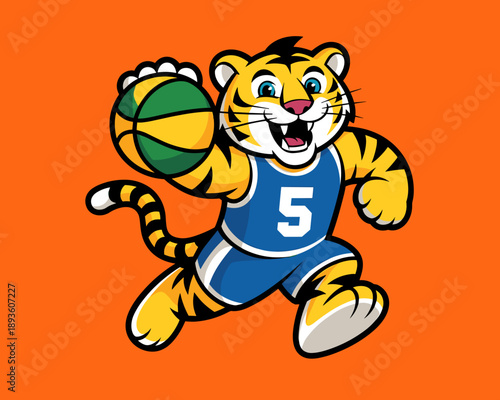Cute tiger mascot character playing basketball wearing blue sports uniform jersey with number five athletic wild animal athlete jumping for slam dunk competitive fitness and school team concept