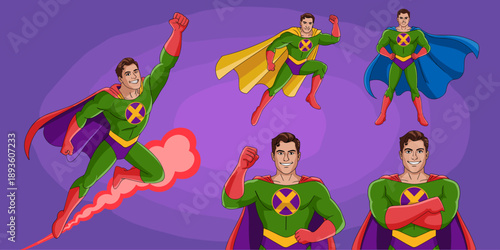 Superhero character collection in various poses flying jumping and standing strong professional comic book style illustration set for marketing branding creative design and corporate leadership