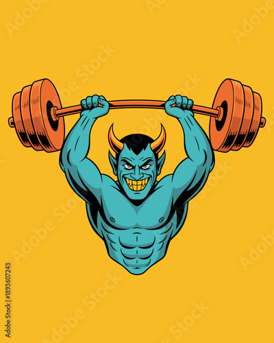 Strong blue devil character lifting heavy barbell weights above head on yellow background showing muscular fitness strength and power for gym branding bodybuilding motivation and sports mascots