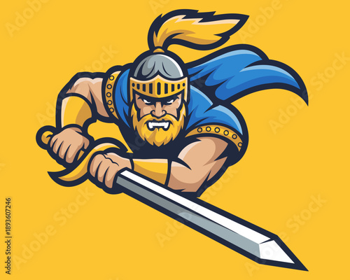 Medieval knight warrior mascot holding sword in battle stance with blue cape and golden armor for sports team branding gaming logo and competitive esports identity on yellow background vector