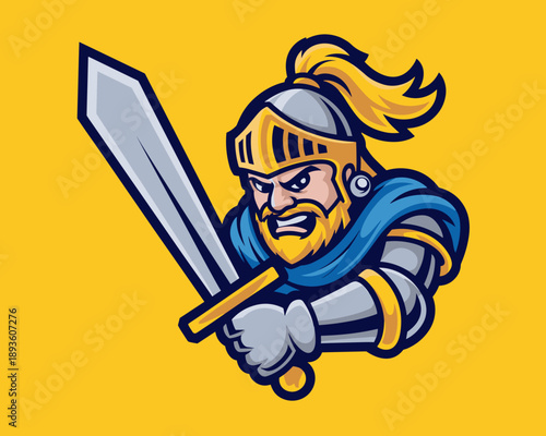 Medieval knight mascot character wearing golden armor and helmet holding sword for esports logo design brave warrior soldier illustration for gaming team branding fantasy strength and courage