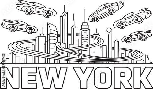 New York skyline with sports cars and graphic text for travel and city concept illustration