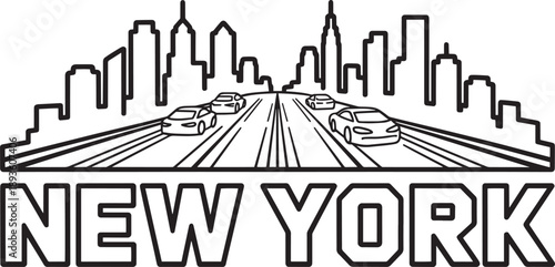 New york city skyline with urban road and cars travel vector illustration outline concept
