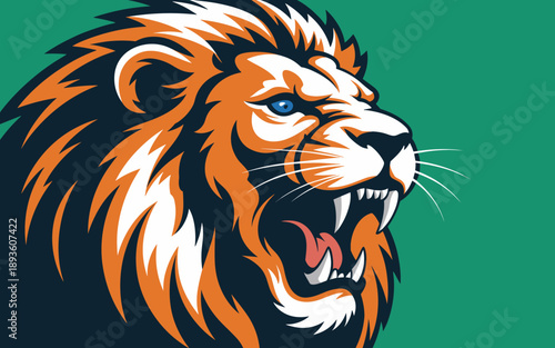 Roaring lion head mascot logo illustration with powerful orange mane and sharp teeth for sports team branding or fierce corporate identity design on green background creative animal vector art