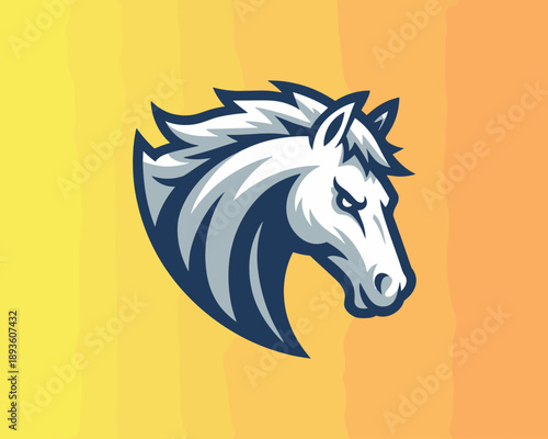 Horse head mascot logo vector illustration of powerful white stallion with blue outlines for sports team branding gaming clan identity equestrian club professional athletic competition identity