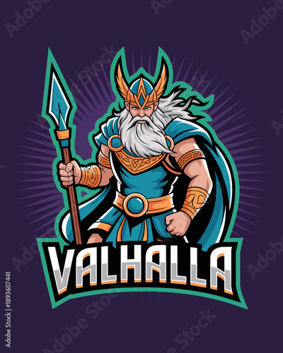 Viking warrior god mascot logo with Valhalla typography featuring Odin holding a spear for gaming esports team branding professional athletic identity and competitive competitive tournament