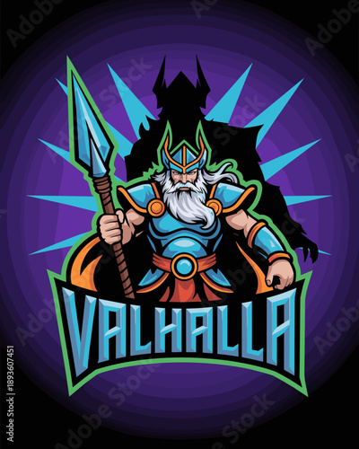 Viking warrior mascot logo with valhalla text holding spear for esports gaming team branding professional nordic mythology character illustration for digital sports and creative web design
