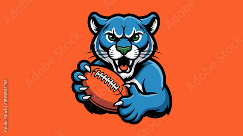 Blue panther mascot holding american football ball on orange background fierce wild cat character illustration for sports team branding high school varsity logo design and athletic competition