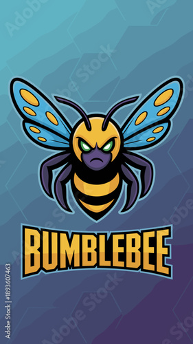Bumblebee mascot logo illustration with aggressive hornet character design for esports gaming team branding and athletic sports club identity featuring yellow black and blue colors on background