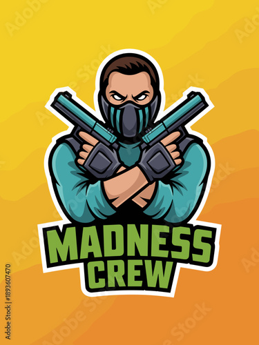 Madness Crew gaming mascot logo featuring masked soldier character holding dual pistols with crossed arms on yellow background for esports team branding competitive gaming and twitch streaming profile