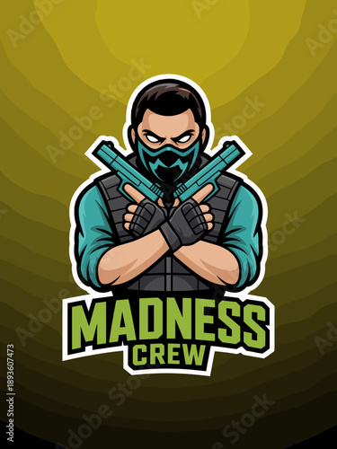 Tactical soldier mascot logo for esports team wearing mask and holding dual pistols for gaming community branding madness crew professional shooter character illustration for streaming profile
