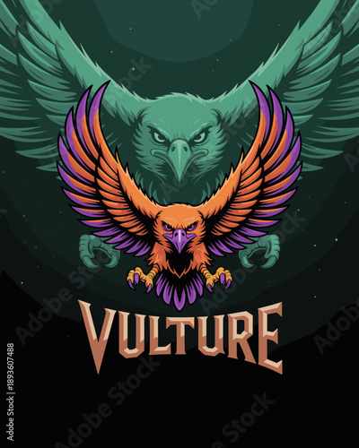 Vulture mascot logo with powerful bird of prey spreading wings for sports team branding and gaming identity illustration featuring aggressive predator bird character with sharp talons and beak
