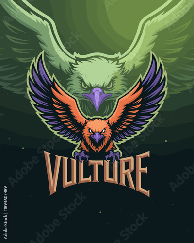 Vulture esport mascot logo design with aggressive bird of prey spreading wings for gaming team branding professional sports identity vector illustration character for streamer profile avatar