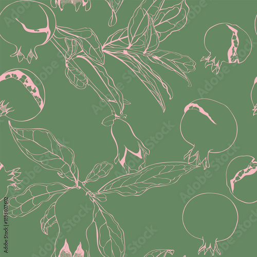 Pomegranate seamless pattern. Stylish design for printing on bed linen. Repeating image for gift wrapping. Branches and leaves. 