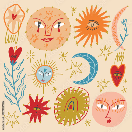 Funny freaky cool groovy whimsical cute stylish doodlish stellar Valentine characters. Hand-drawn set of crescent moon, sun, comets and sacred heart. Cartoon psychedelic collection of abstraction