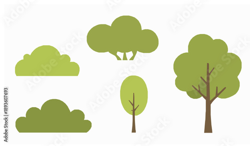 Naive green bush tree flat vector illustration set eco foliage isolated on white background