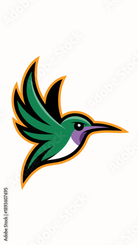Hummingbird mascot logo flying bird icon with green and purple feathers for sports team branding energetic wildlife character design modern avian graphic for gaming esports and corporate identity