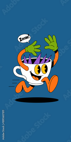 Retro cartoon coffee cup character running fast with zoom speech bubble and energetic mood for morning caffeine boost marketing vibrant rubber hose style illustration for cafe branding design