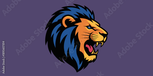 Powerful roaring lion mascot logo with blue mane and orange face profile view for sports team branding gaming clan identity professional esports vector illustration with aggressive fierce mood