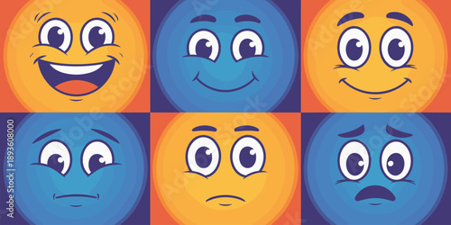 Cartoon emoji faces with different emotions and facial expressions in pop art style for mental health awareness and social media communication marketing design project with vibrant colorful icons