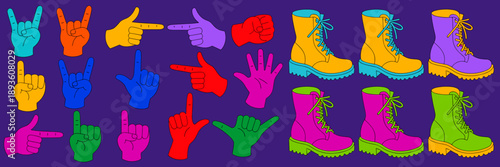 Colorful hand gestures and combat boots illustration set with vibrant neon pop art style for creative fashion design urban streetwear graphics and youth culture artistic expressive poster background