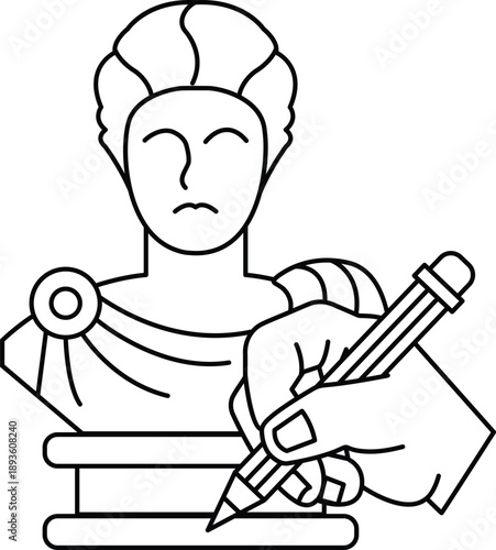 A man is writing with a pencil on a statue