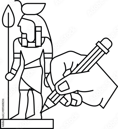 A man is drawing a statue of an Egyptian figure with a pencil