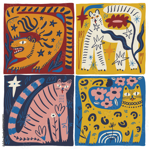 Funny tigers modern Valentine or Anniversary abstract bohemian doodle cartoonish childish adorable hand-drawn wild cat tiger and flower postcards set collection. Floral cat toyger, leopard, cheetah