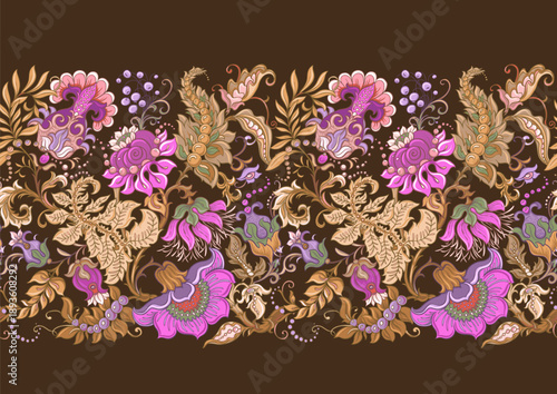 Wallpaper Mural Botanical floral seamless ornament. Vintage hand drawn pattern with ornate garden flowers, leaves and intricate decorative swirls for textile wallpaper. Classic elegant motif design. Torontodigital.ca