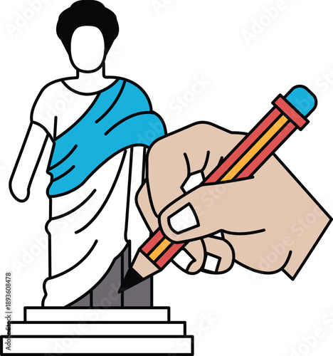 A hand is drawing a statue of a man with a pencil