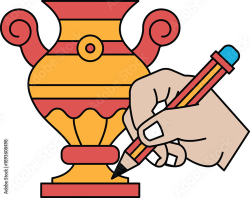 A hand is drawing a vase with a pencil