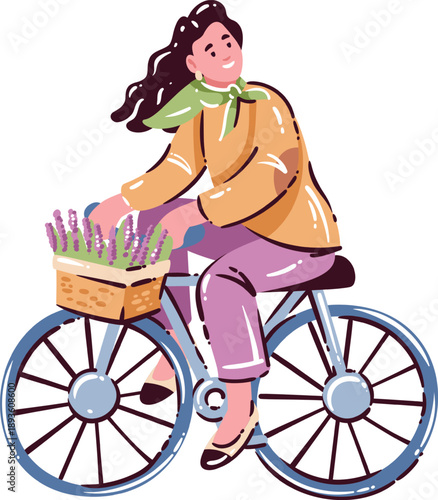 French woman riding bicycle with basket of lavender, casual outfit and flowing hair, everyday city lifestyle scene. French woman with relaxed pose and motion details, cartoon vector illustration.