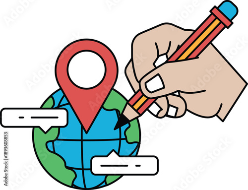 A hand is drawing a map of the world with a red marker