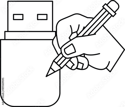 A USB drive is being used as a pencil to write on a piece of paper
