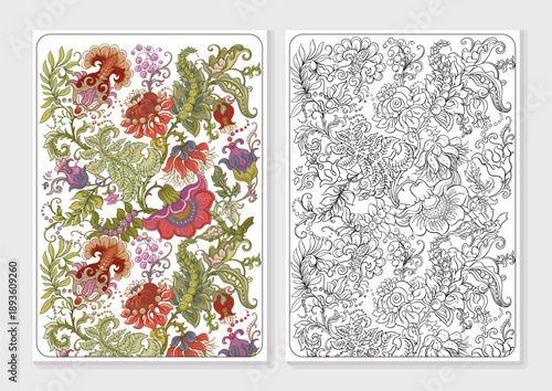 Decorative flowers and leaves in art nouveau style, vintage, old, retro style. Vector illustration. Coloring page for the adult coloring book with colored sample.
