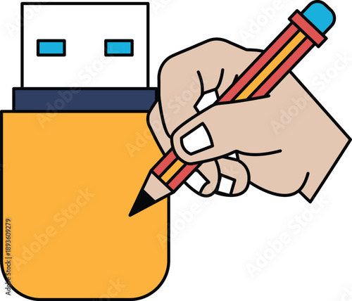 A hand is drawing on a USB flash drive