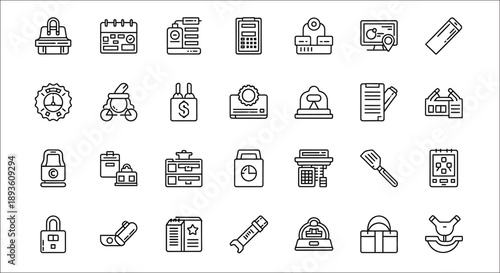 Collection of monochrome office and business related icons in a grid
