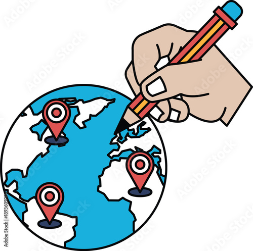 A hand is drawing a globe with four pins on it